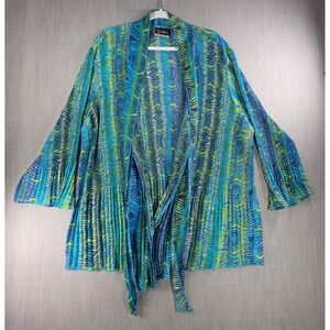 Added Dimensions Open Front Cardigan Womens 3X Blue Green Pleated Abstract Tie